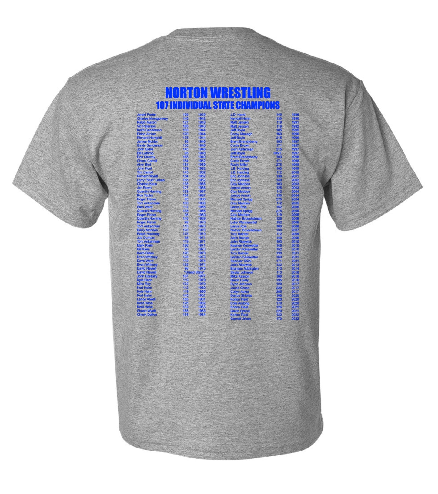 NCHS WRESTLING 107 INDIVIDUAL STATE CHAMP T-SHIRT (Gildan Brand)